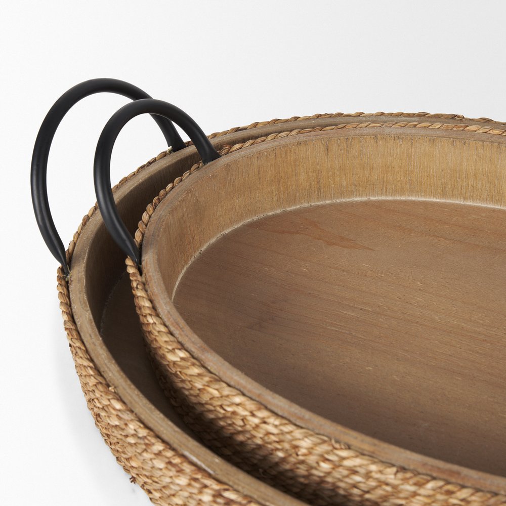 Set of Two Natural and Black Jute Metal And Solid Wood Oval Serving Trays With Handles on a white background