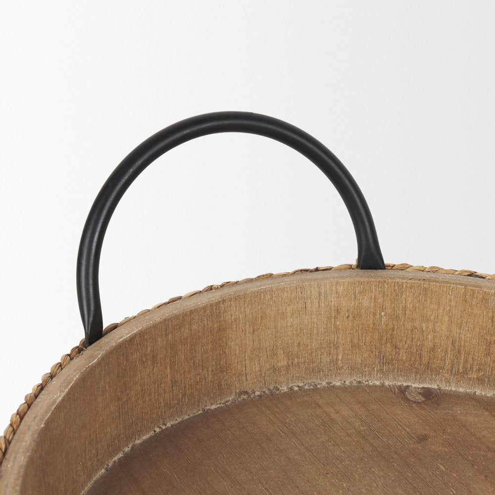 Set of Two Natural and Black Jute Metal And Solid Wood Oval Serving Trays With Handles on a white background