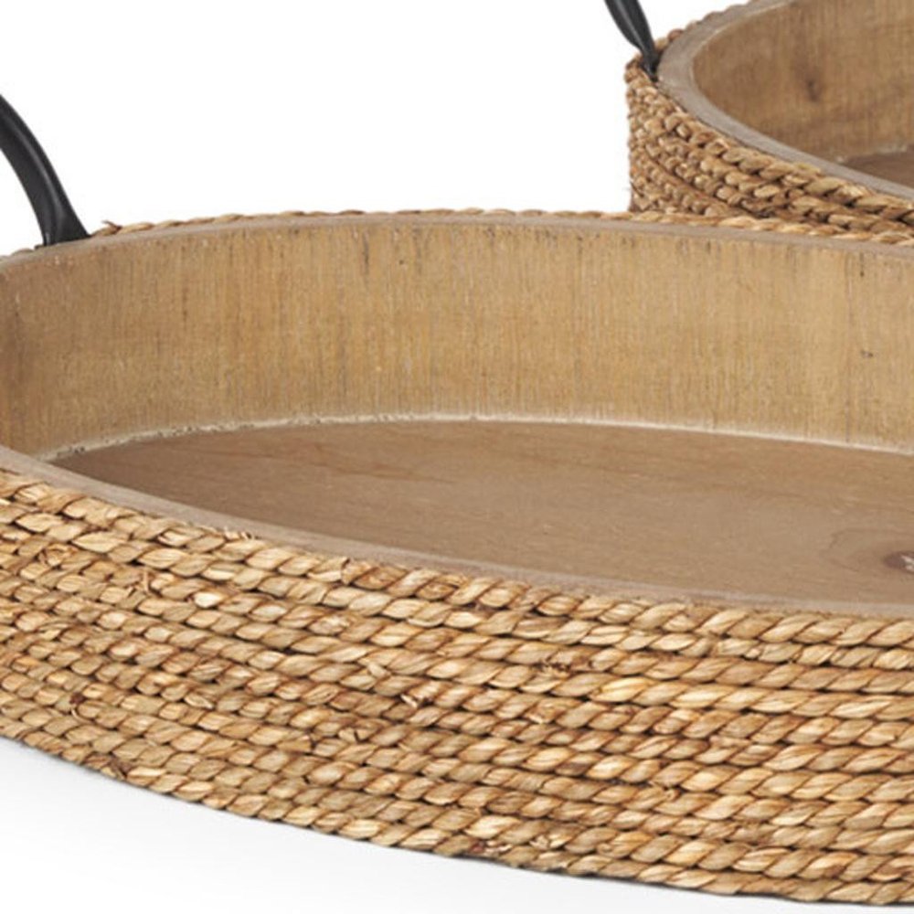 Set of Two Natural and Black Jute Metal And Solid Wood Oval Serving Trays With Handles