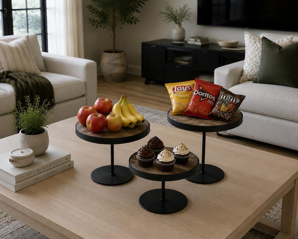 Set of Three Black And Light Brown Iron And Solid Wood Round Risers in a home interior