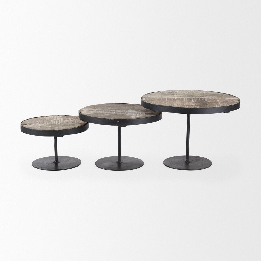 Set of Three Black And Light Brown Iron And Solid Wood Round Risers