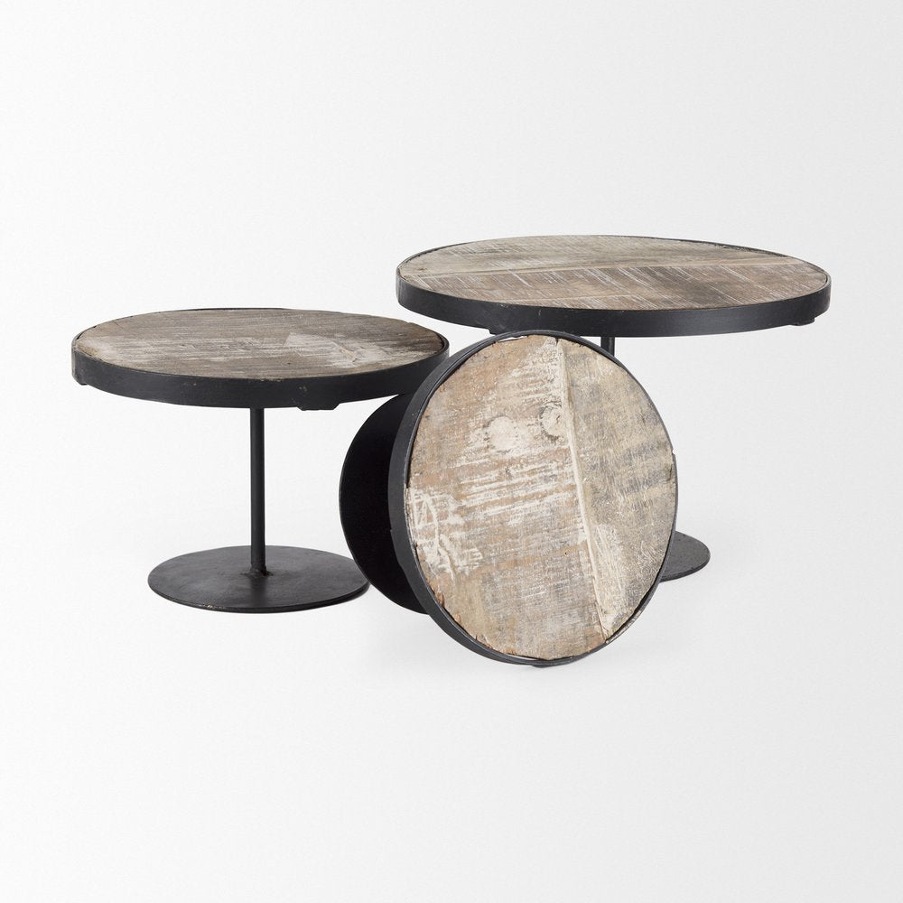 Set of Three Black And Light Brown Iron And Solid Wood Round Risers