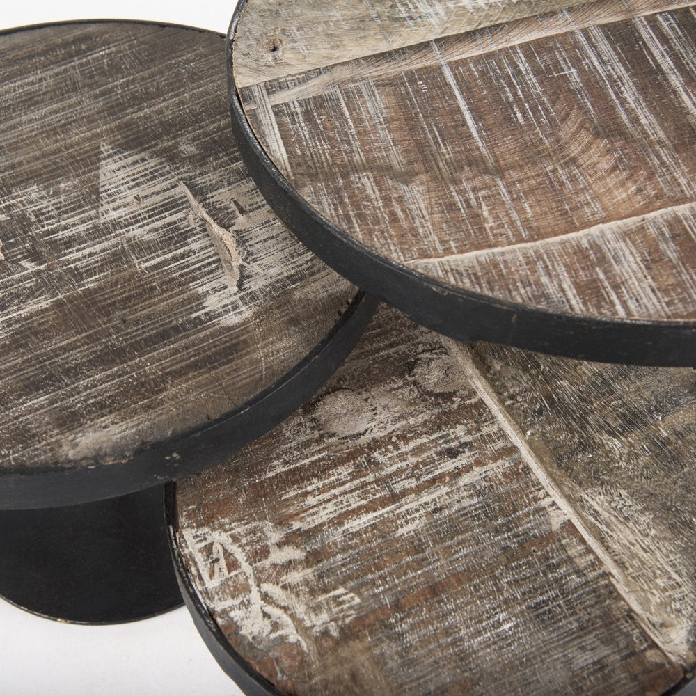 Set of Three Black And Light Brown Iron And Solid Wood Round Risers