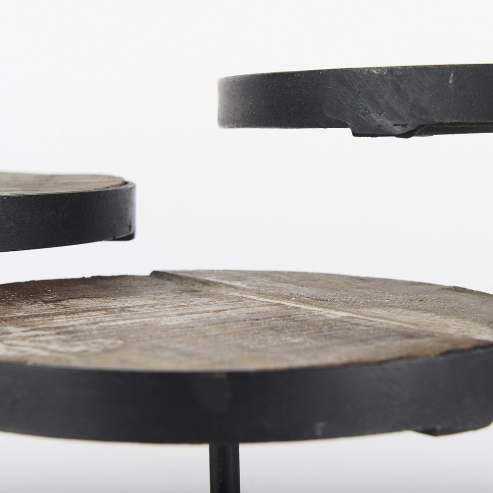 Set of Three Black And Light Brown Iron And Solid Wood Round Risers