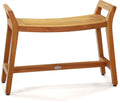 Brown teak rectangular shower bench with curved seat and slatted top, shown against a white background.