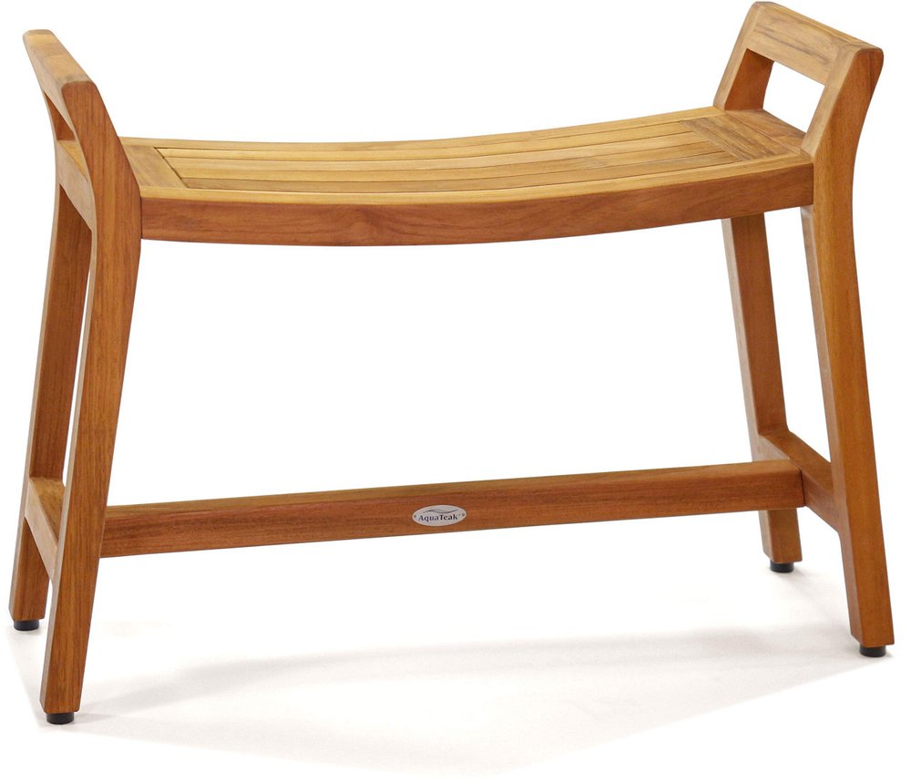 Brown teak rectangular shower bench with curved seat and slatted top, shown against a white background.