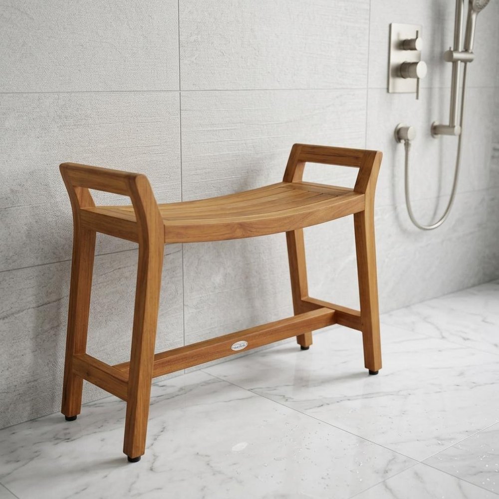 22" X 31" Brown Teak Rectangular Shower Bench. Shower bench isolated on a plain white background, showing a teak surface.