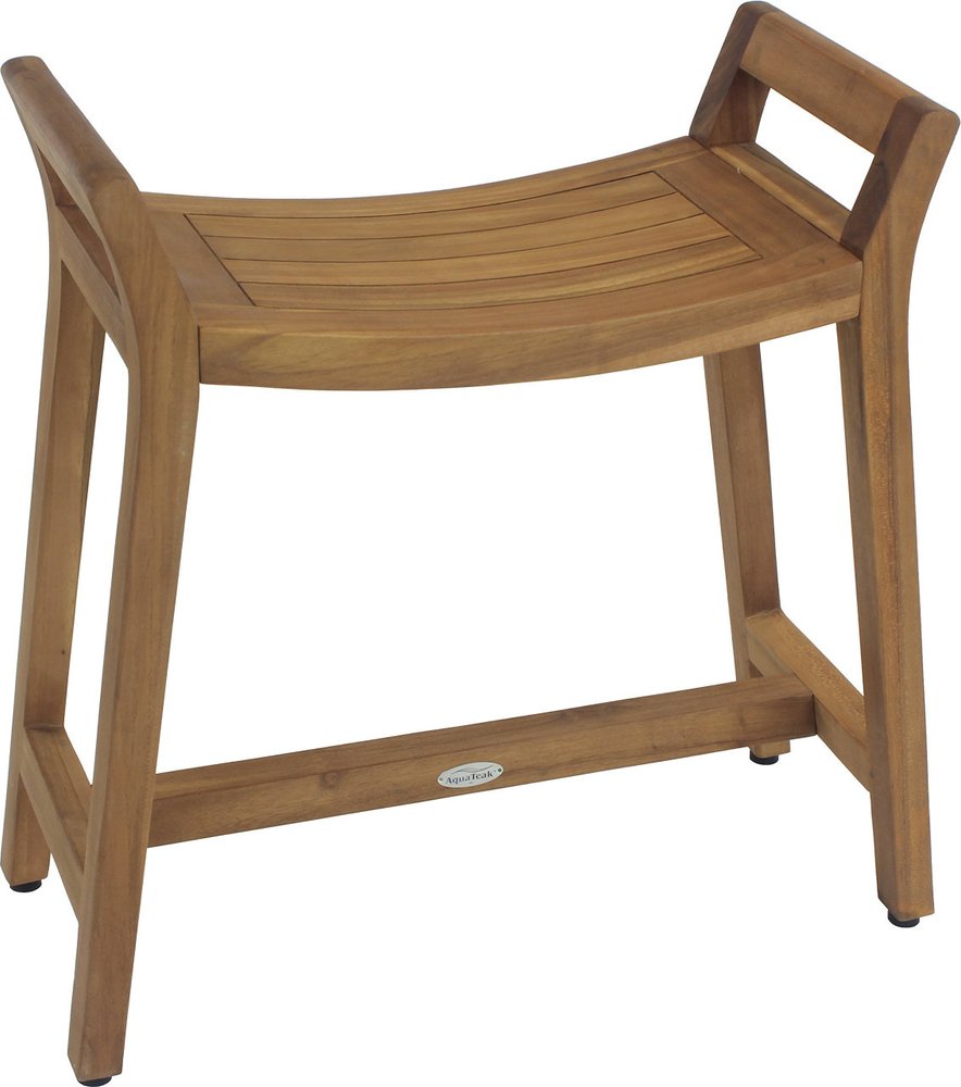 Brown teak rectangular shower bench with a curved seat and cut-out handles on a white background.