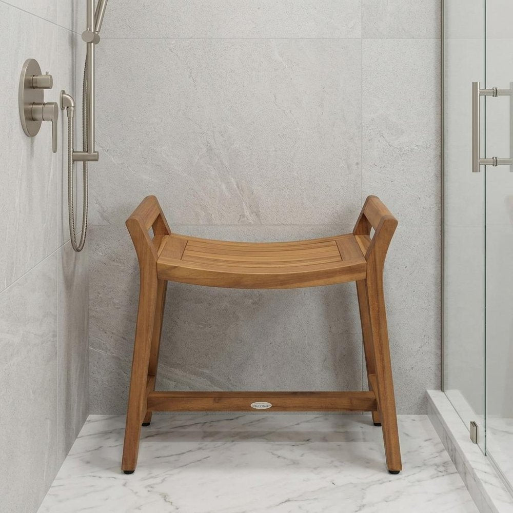 26" X 27" Brown Teak Rectangular Shower Bench. Shower bench isolated on a plain white background, showing a teak surface.