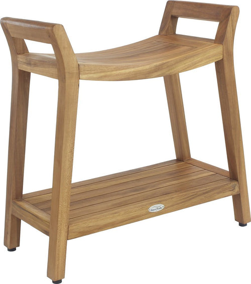 Brown teak shower bench with a curved seat, a lower shelf, and armrests, on a white background.