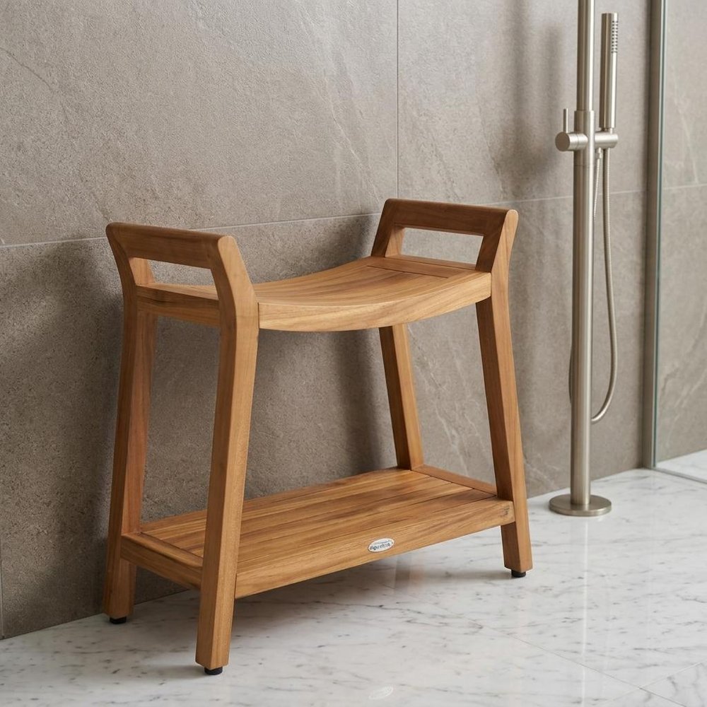 26" X 27" Brown Teak Rectangular Shower Bench With Shelf