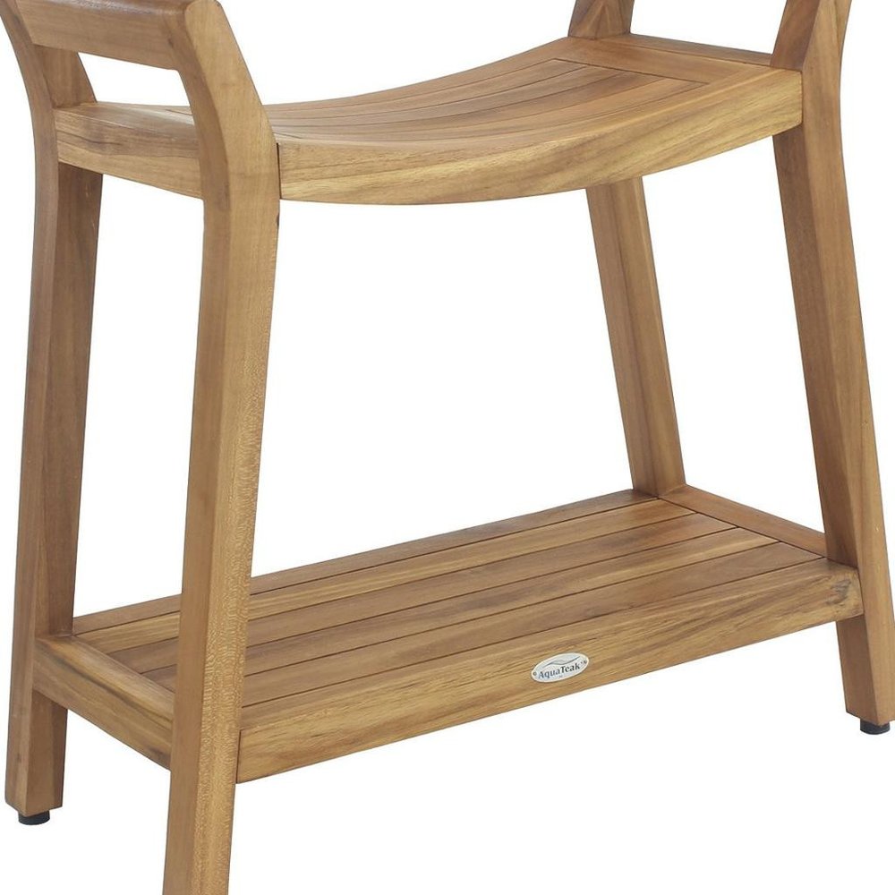 26" X 27" Brown Teak Rectangular Shower Bench With Shelf