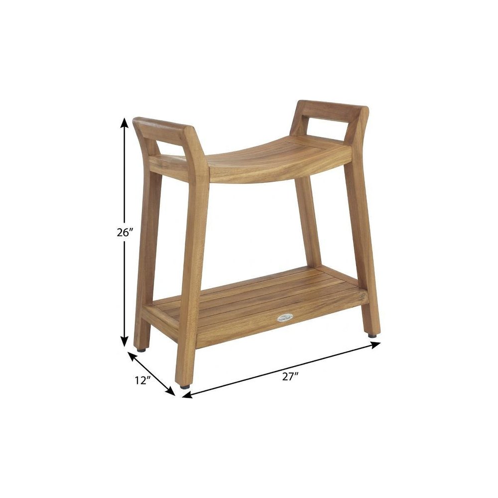 26" X 27" Brown Teak Rectangular Shower Bench With Shelf