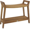 Brown teak shower bench with a curved seat and lower shelf, shown against a white background.