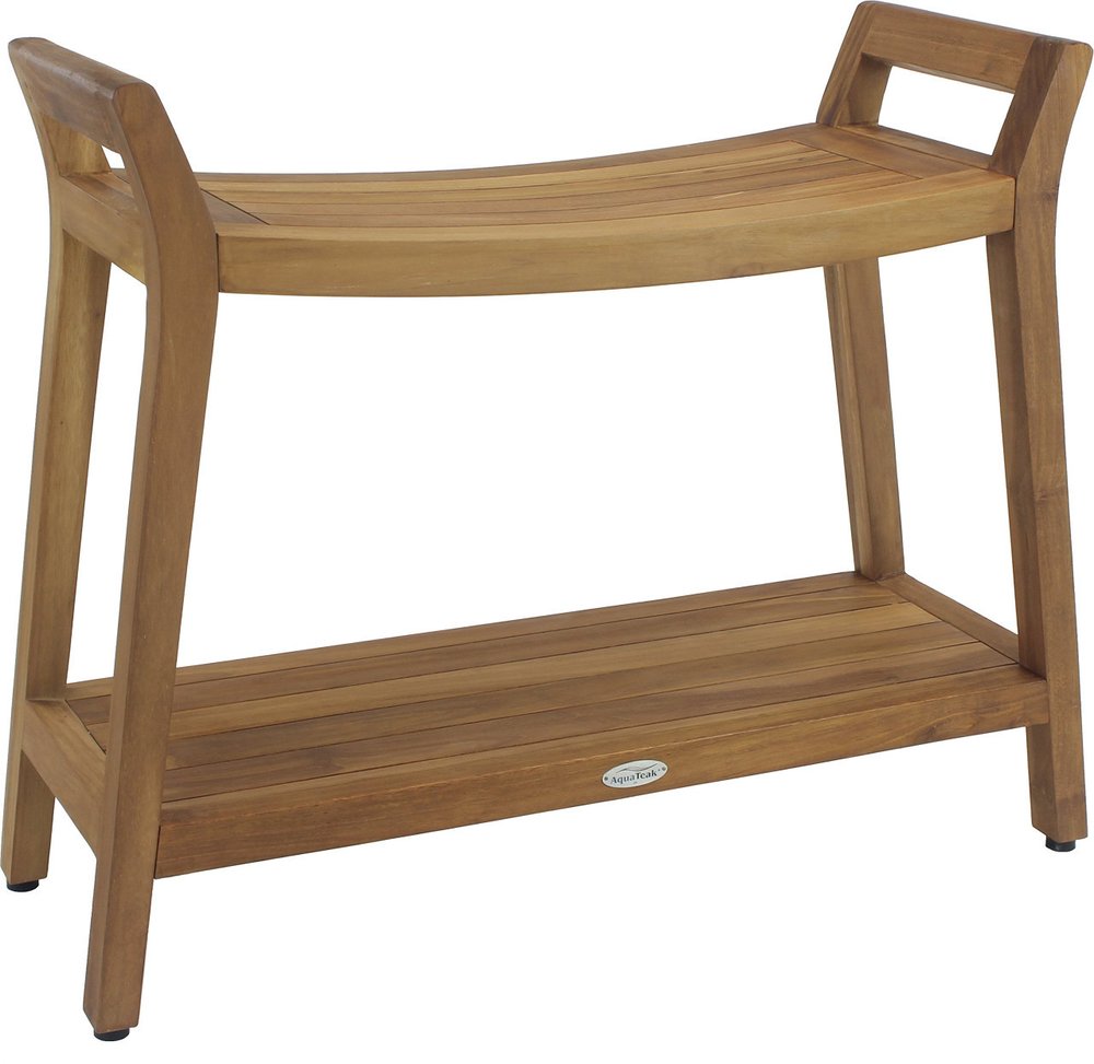 Brown teak shower bench with a curved seat and lower shelf, shown against a white background.