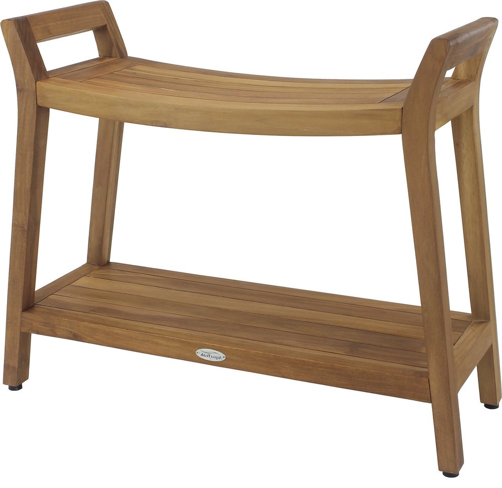 26" X 32" Brown Teak Rectangular Shower Bench With Shelf