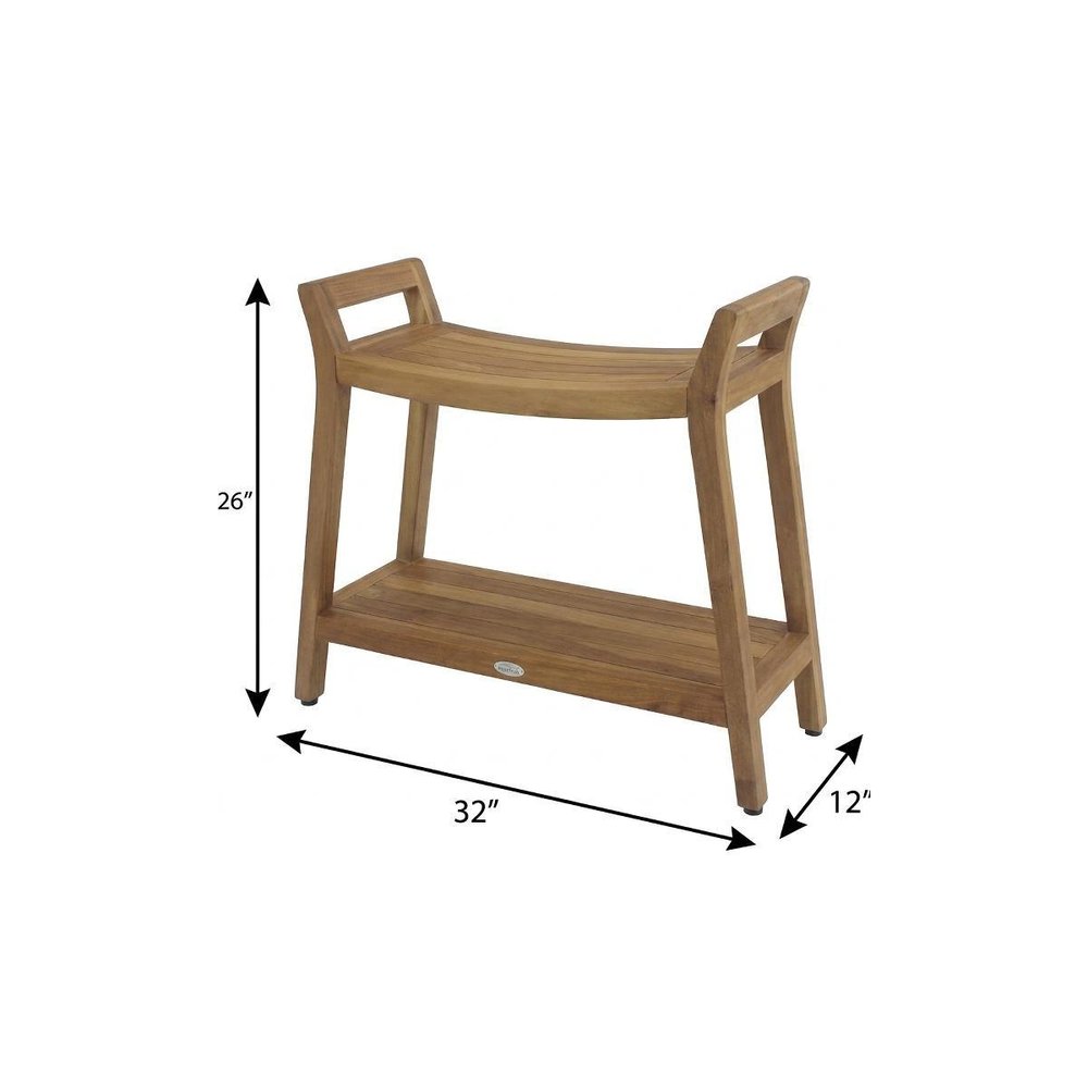26" X 32" Brown Teak Rectangular Shower Bench With Shelf