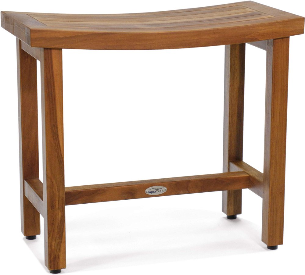 Brown teak rectangular shower bench with a curved seat and a logo on the lower support bar, isolated on a white background.