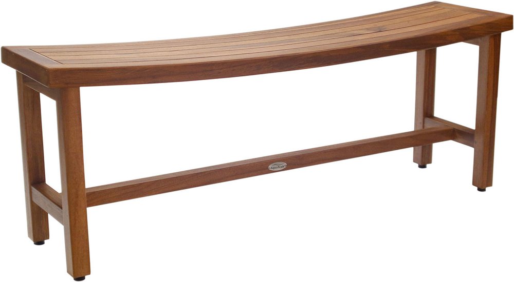 Brown teak shower bench with a curved slatted seat and a horizontal stretcher bar, isolated on a white background.