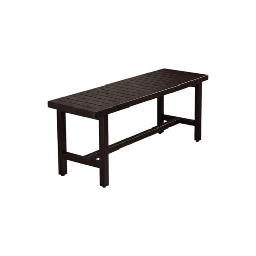 Brown teak rectangular shower bench with slatted top and H-shaped legs on a white background.