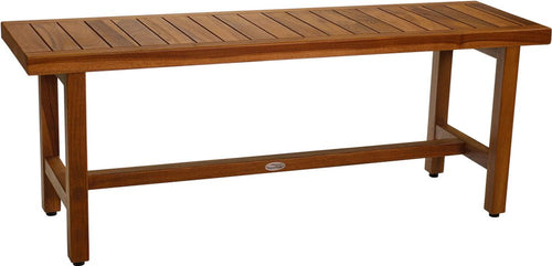 Brown teak rectangular shower bench with slatted top and crossbar support, on a white background.