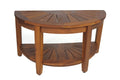 Brown teak shower bench with shelf, featuring a semicircular design and slatted surfaces.
