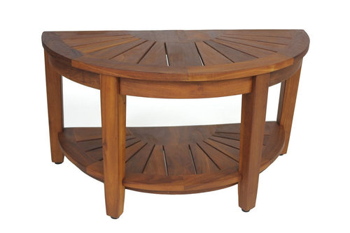 Brown teak shower bench with shelf, featuring a semicircular design and slatted surfaces.