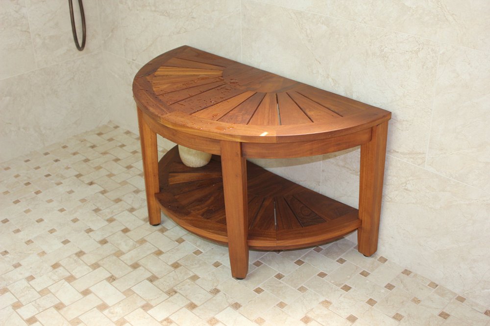 18" X 32" Brown Teak Rectangular Shower Bench With Shelf. Shower bench in brown teak.