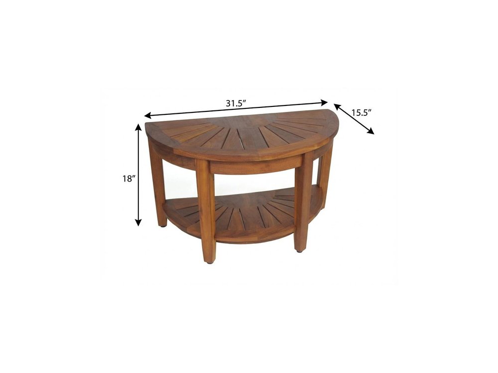 18" X 32" Brown Teak Rectangular Shower Bench With Shelf. Shower bench isolated on a plain white background, showing a brown teak surface.