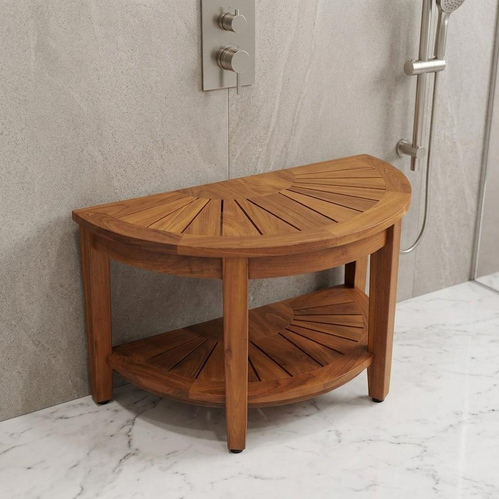 18" X 32" Brown Teak Rectangular Shower Bench With Shelf. Shower bench isolated on a plain white background, in a brown teak finish.
