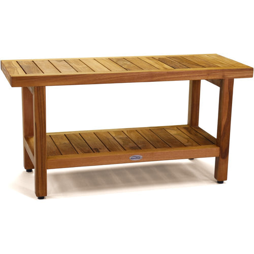 Brown teak rectangular shower bench with a slatted top and shelf, shown against a white background.