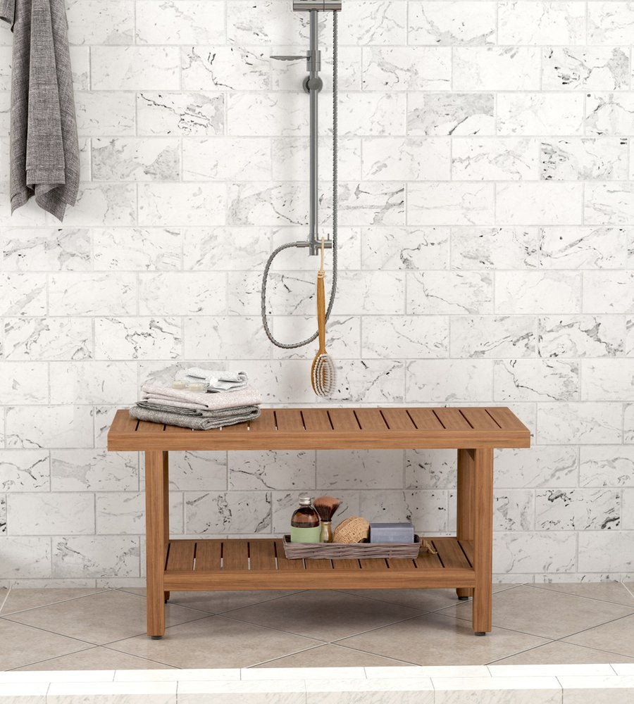 18" X 36" Brown Teak Rectangular Shower Bench With Shelf