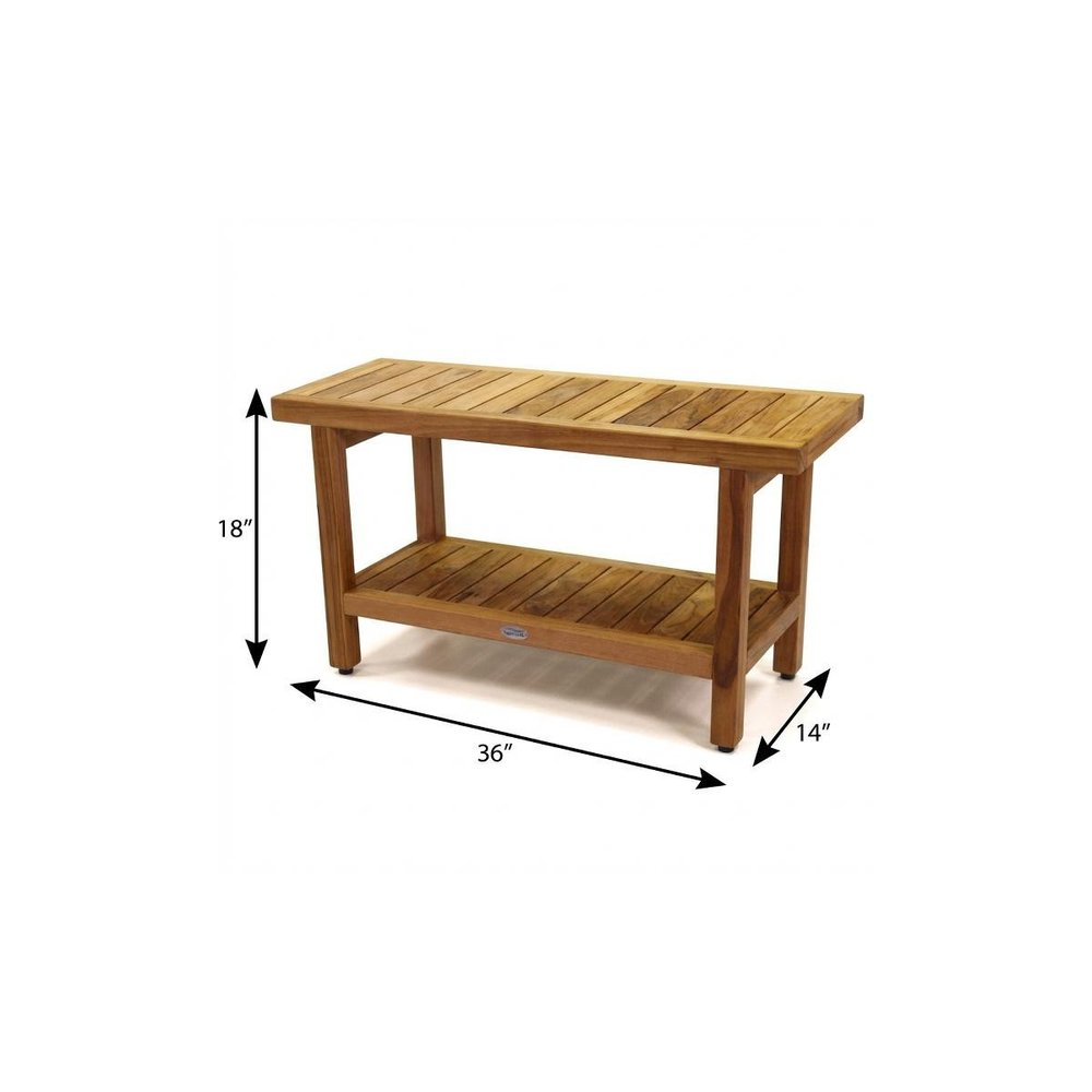18" X 36" Brown Teak Rectangular Shower Bench With Shelf