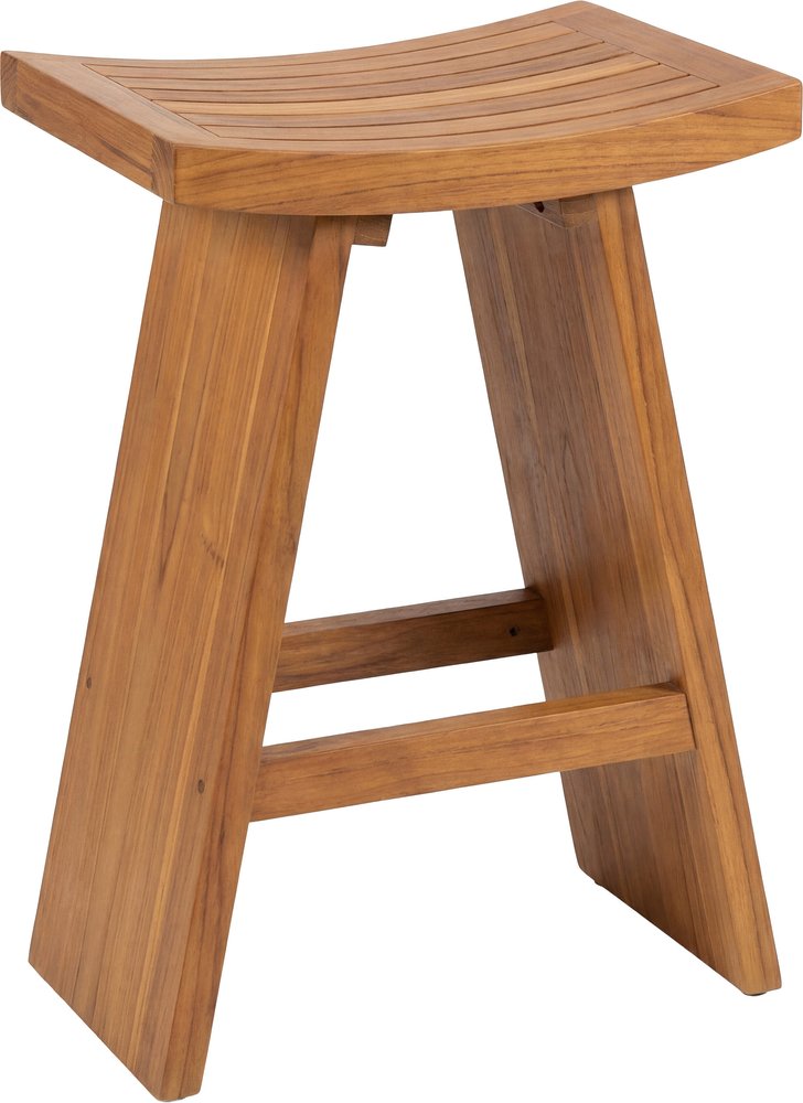 Brown teak shower bench with a slatted seat and angled legs, isolated on a white background.