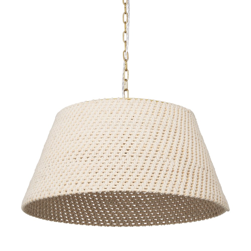Cream macrame pendant light with a gold chain hanging against a white background.