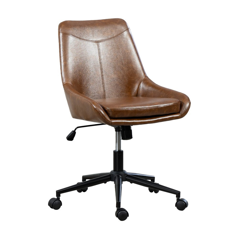 Brown faux leather office chair with black base and wheels on a white background.