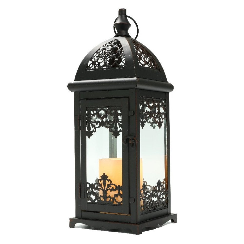 15" Black And Clear Metal And Glass Filigree Tabletop Lantern Candle Holder
