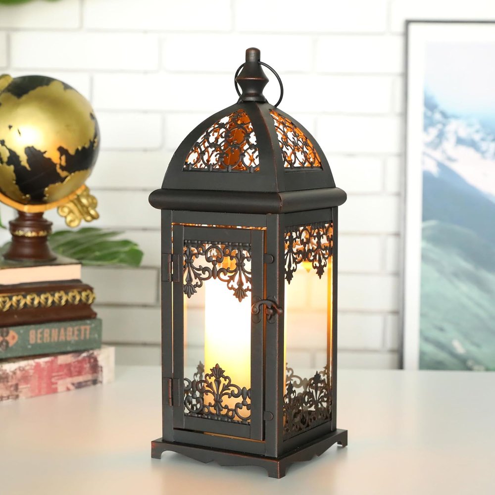 15" Black And Clear Metal And Glass Filigree Tabletop Lantern Candle Holder