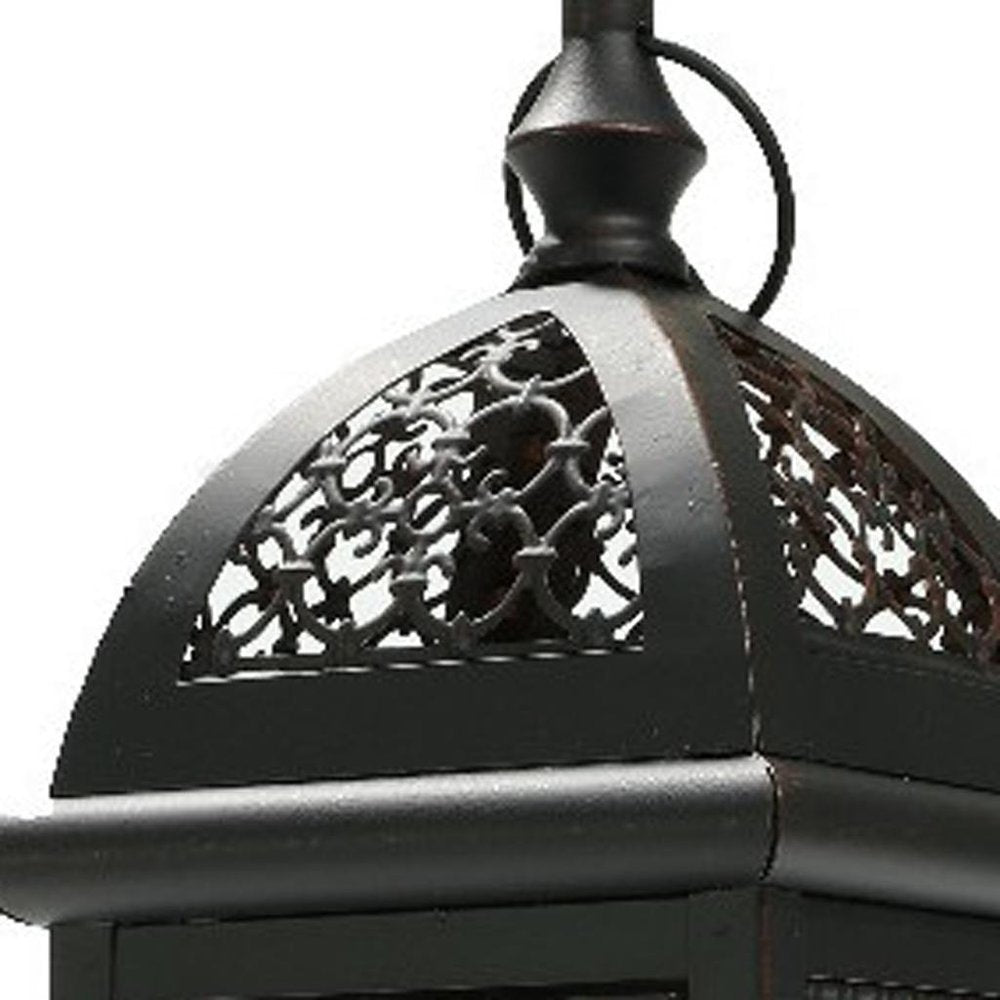 15" Black And Clear Metal And Glass Filigree Tabletop Lantern Candle Holder