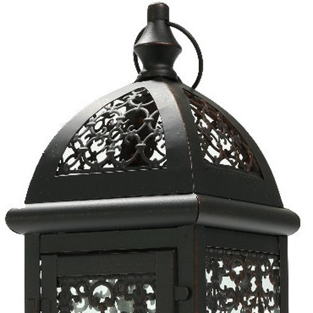 15" Black And Clear Metal And Glass Filigree Tabletop Lantern Candle Holder