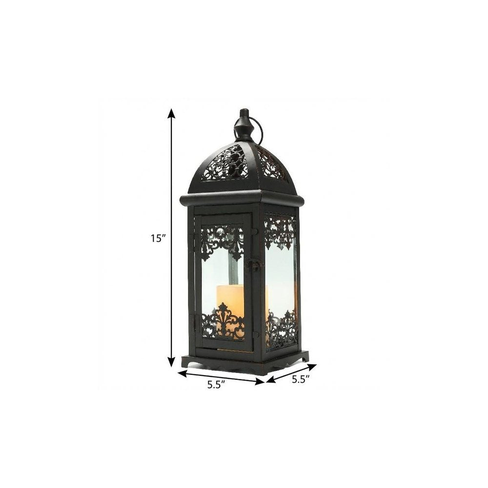 15" Black And Clear Metal And Glass Filigree Tabletop Lantern Candle Holder
