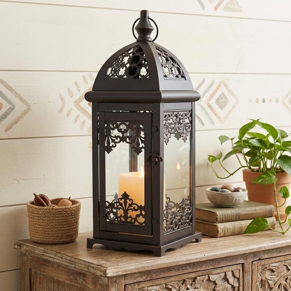 15" Black And Clear Metal And Glass Filigree Tabletop Lantern Candle Holder