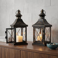 Set of Two Black And Clear Distressed Metal And Glass Tabletop Lantern Candle Holders