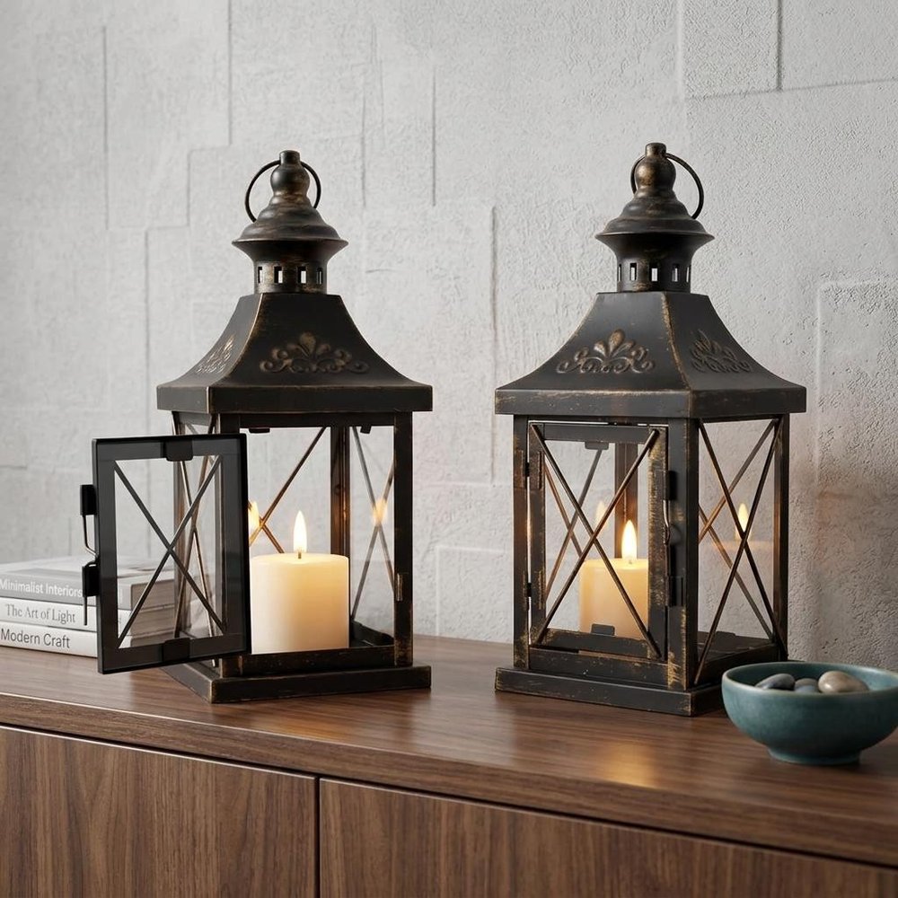 Set of Two Black And Clear Distressed Metal And Glass Tabletop Lantern Candle Holders