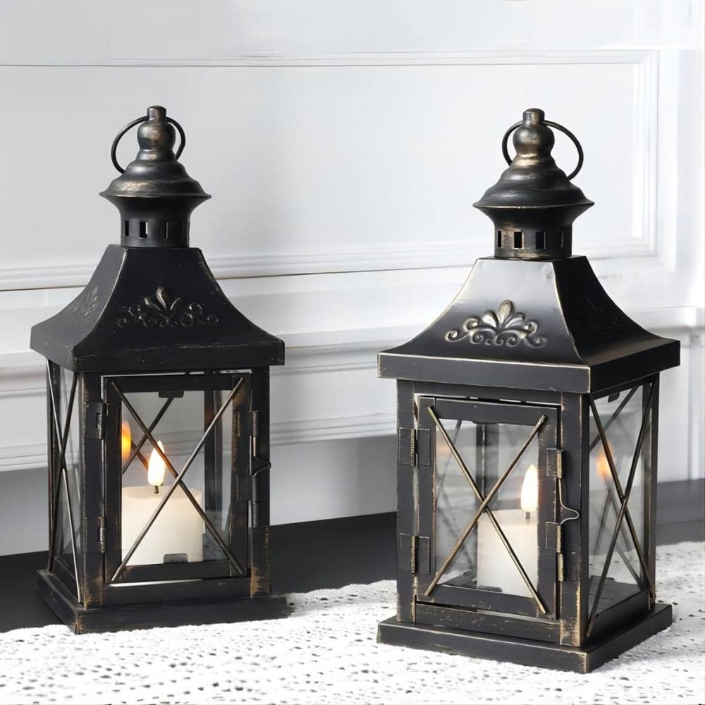 Set of Two Black And Clear Distressed Metal And Glass Tabletop Lantern Candle Holders