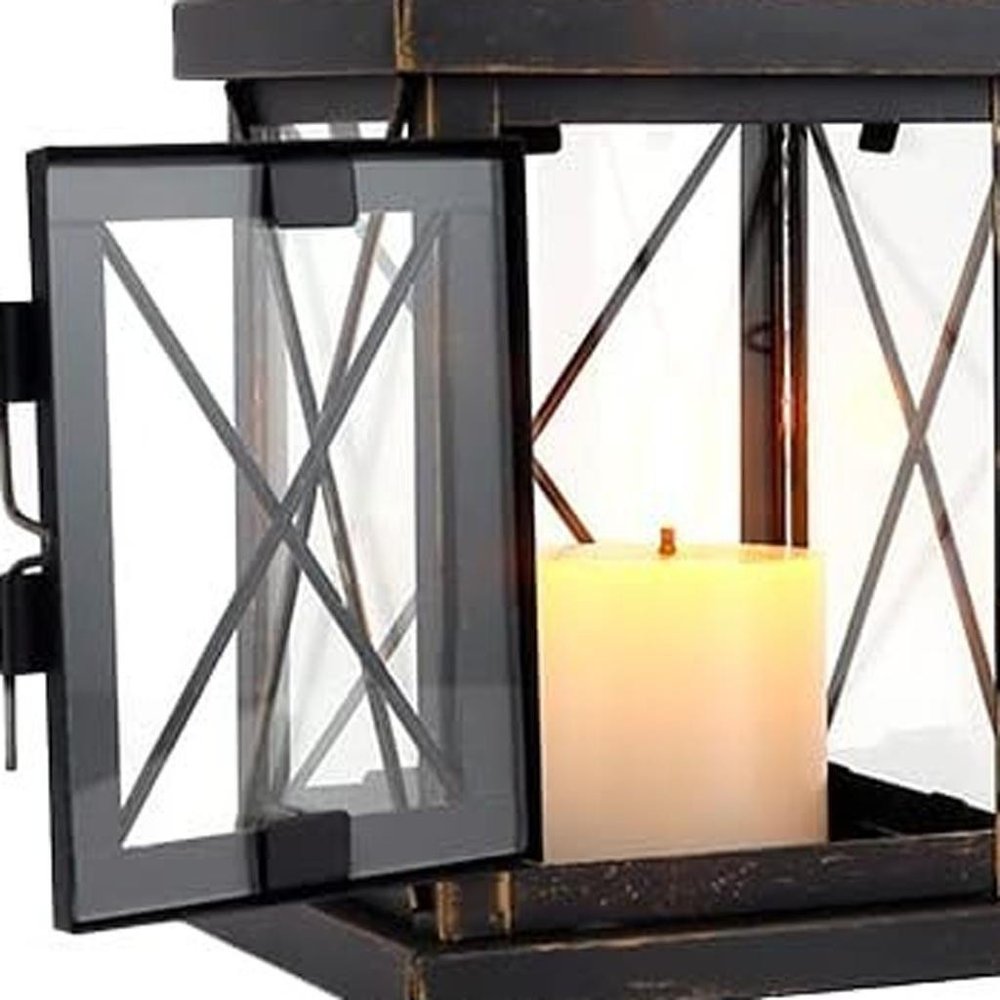 Set of Two Black And Clear Distressed Metal And Glass Tabletop Lantern Candle Holders