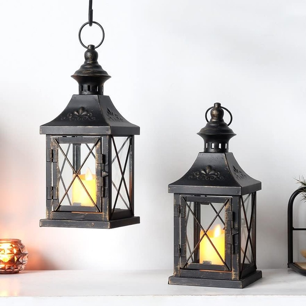 Set of Two Black And Clear Distressed Metal And Glass Tabletop Lantern Candle Holders