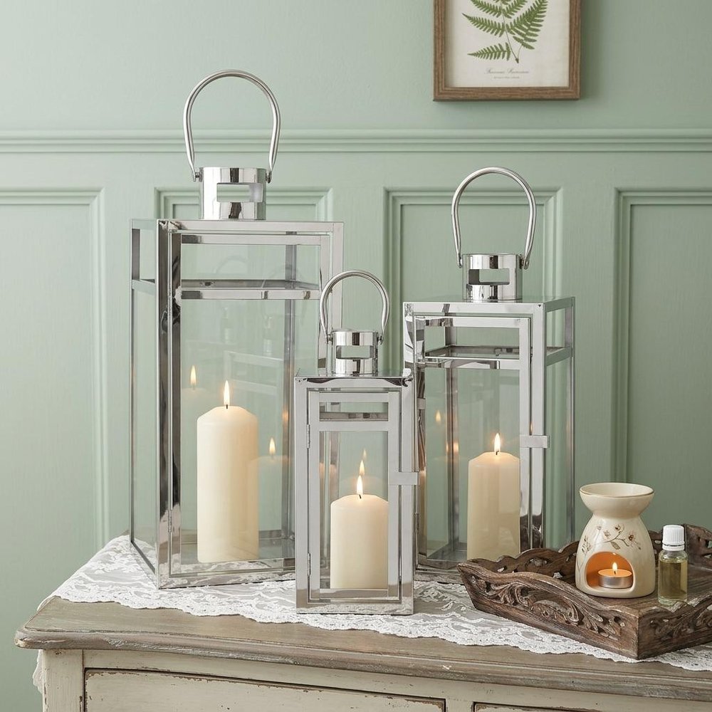 Set of Three Silver Glass Floor Candelabra Candle Holders
