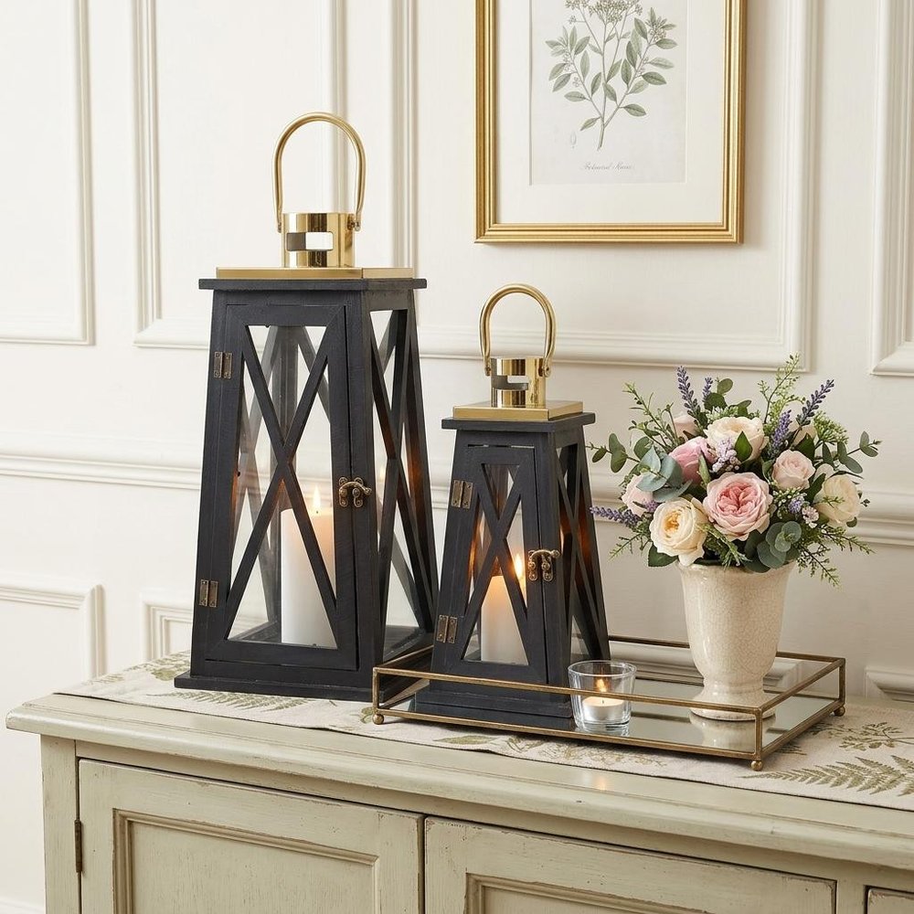 Set of Two Black Distressed Glass Tabletop Lantern Candle Holders