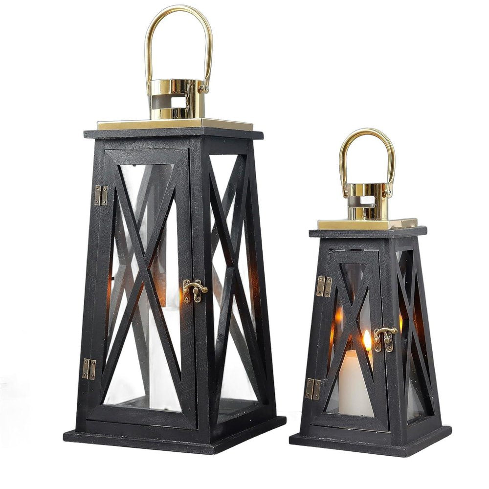 Set of Two Black Distressed Glass Tabletop Lantern Candle Holders